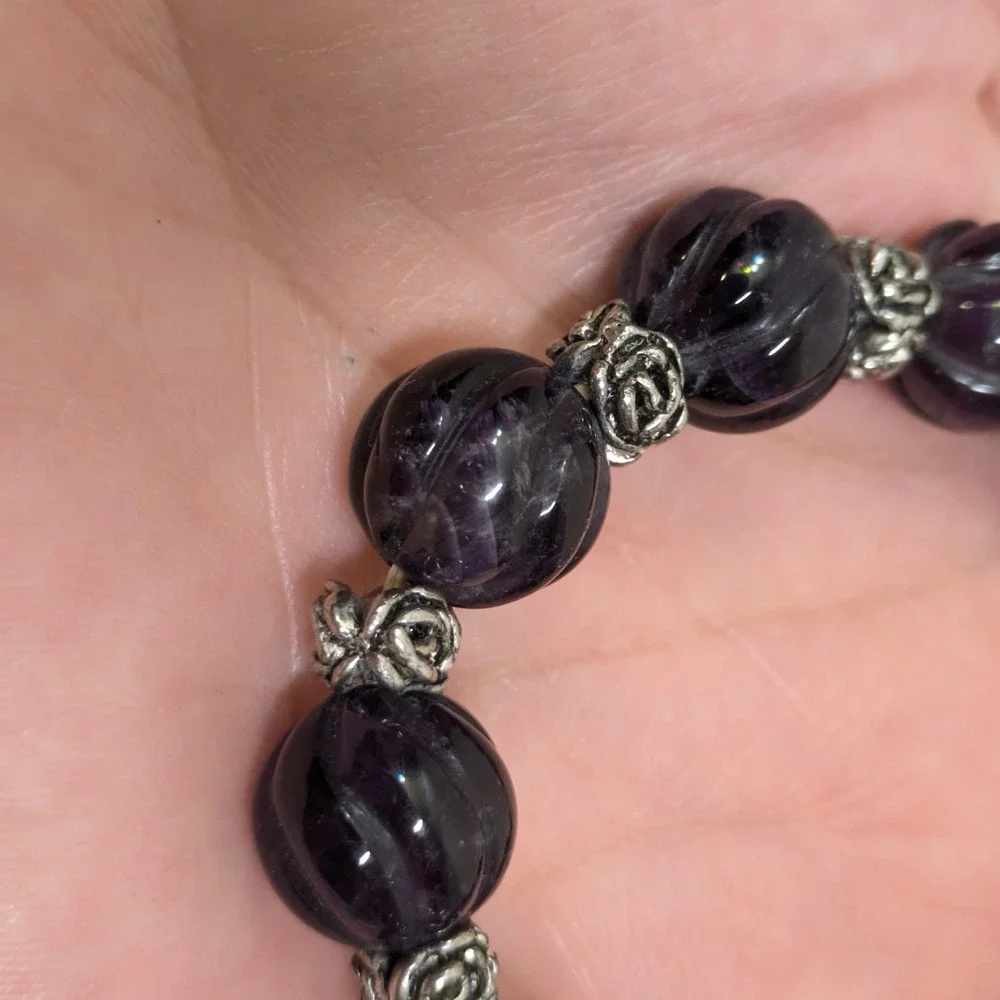 Carved Purple Melon Bead Stretch Bracelet Silver Tone Rose Floral Gemstone Boho